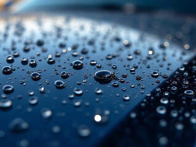 超撥水性のコーティングが施された車の表面で水滴が完璧な球状になり、滑り落ちる様子。鮮やかな光沢.