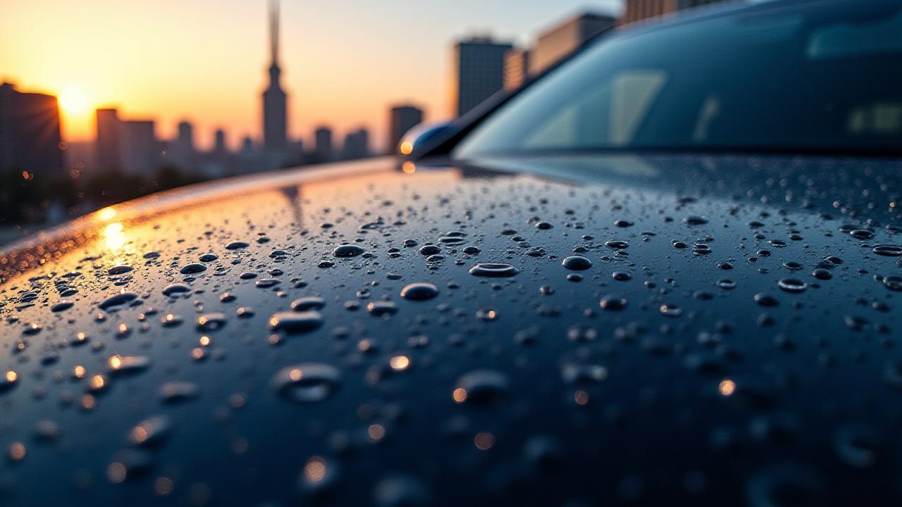 水滴が美しく弾ける、磨き上げられた高級車のボディアップ。新宿の街並みが背景にかすかに見える。