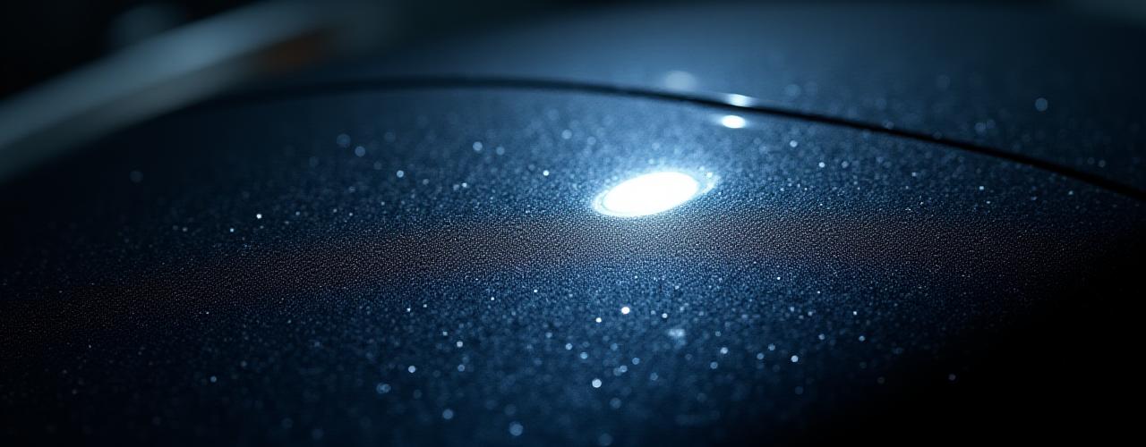 特殊なライトを当てると無数の円状の洗車傷が見える、艶のない車の黒い塗装面