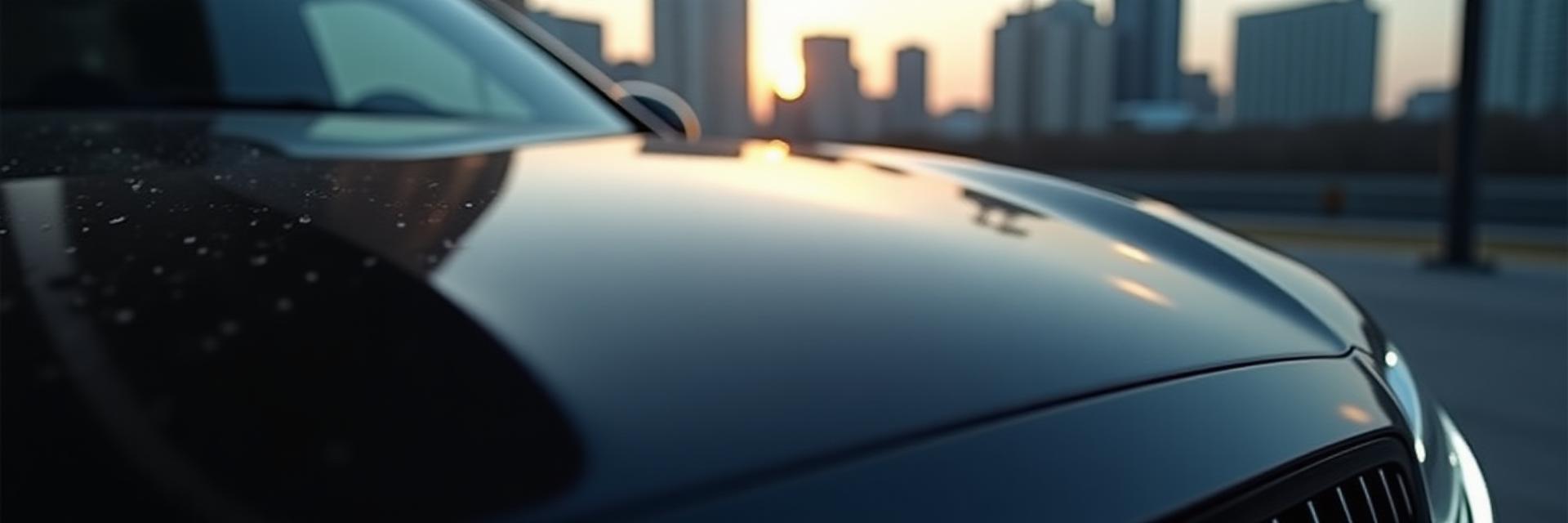 鏡のように周囲を映し込む、セラミックコーティング施工済みの黒い高級車のボンネット