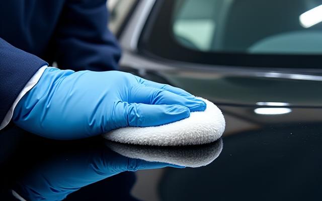 職人がライトを当てて車の塗装面を精密に研磨している様子